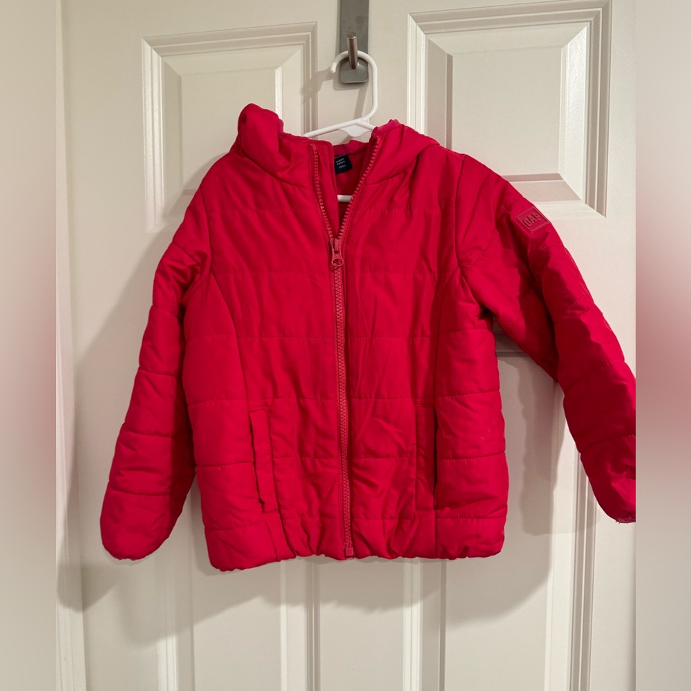 Gap prima-loft girls coat 5 hot pink hooded zip front lightweight